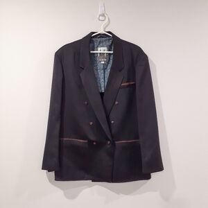 Retro 80's Oversized Businesscore Tuxedo Style Blazer with Faux Leather Accent